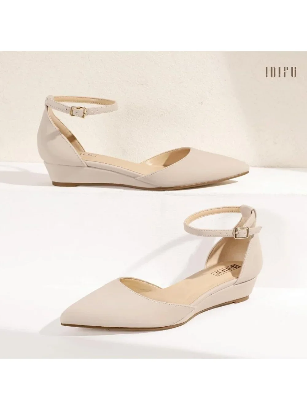Women Nude Nubuck Low Wedge Flat Closed Pointed Toe Adjustable Ankle Strap Shoes